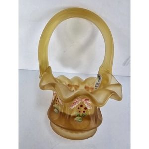 Fenton Miniature Amber Harvest Hand Painted Basket - 4.25 inches w Handle